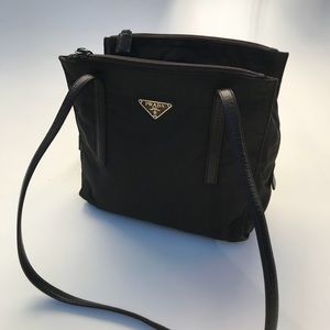 PRADA three compartment, nylon, brown bag